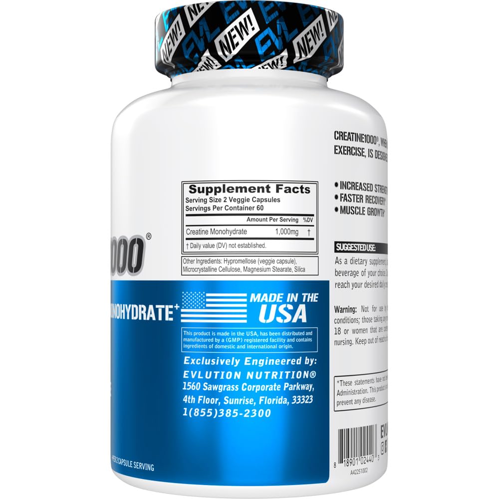 Close-up of EVL creatine monohydrate capsules