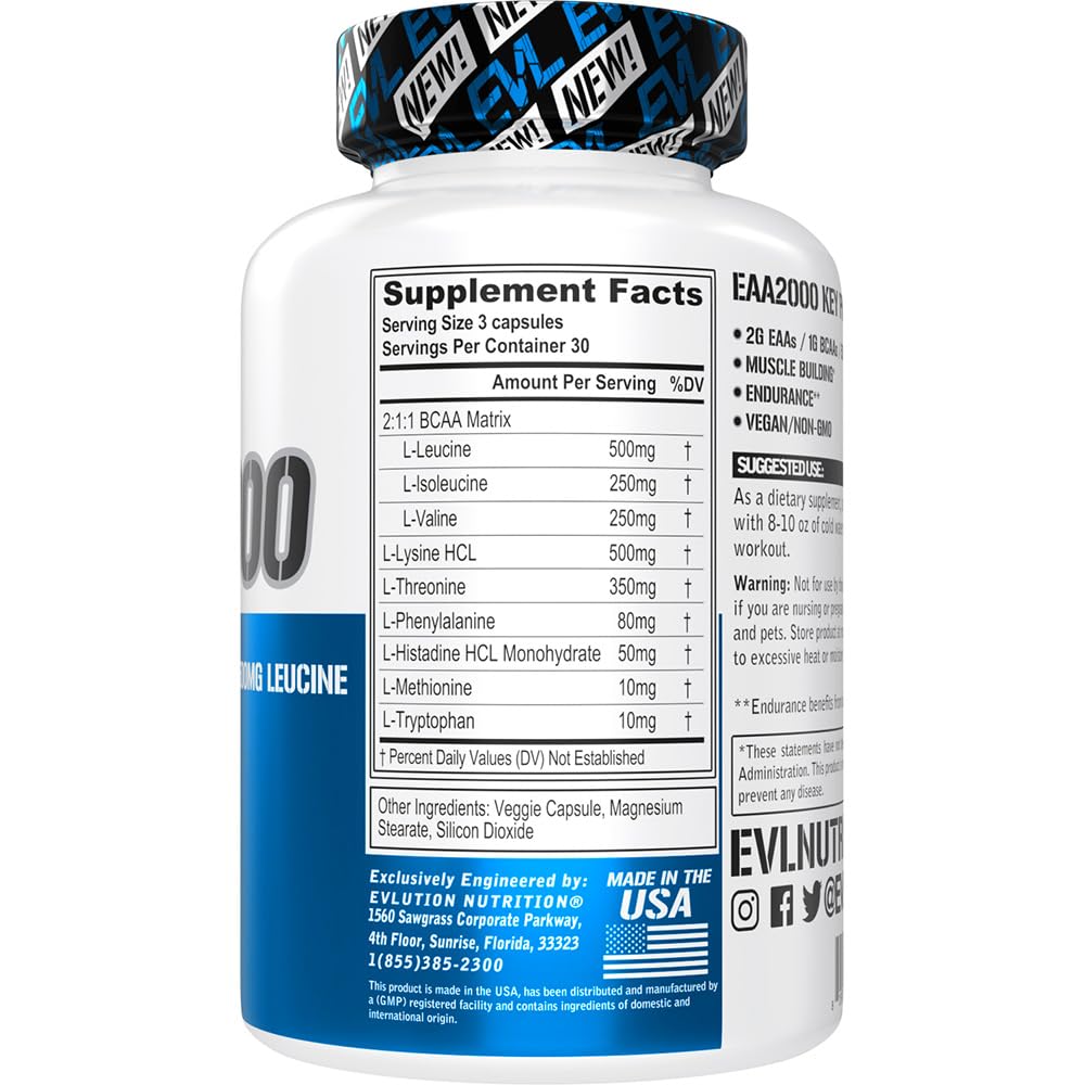 Close-up of EAA2000 label showing 2g EAAs and 1g BCAAs per serving