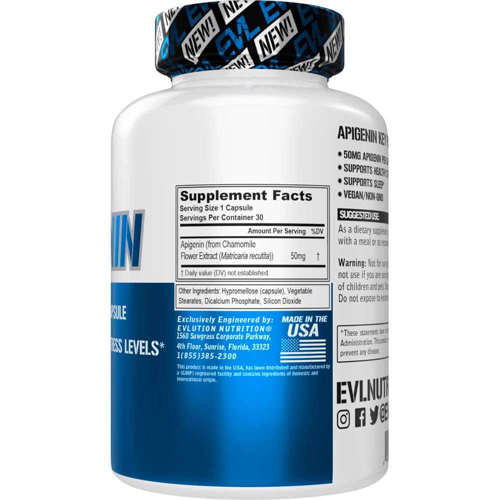 Close-up of Apigenin 50mg capsules with chamomile extract