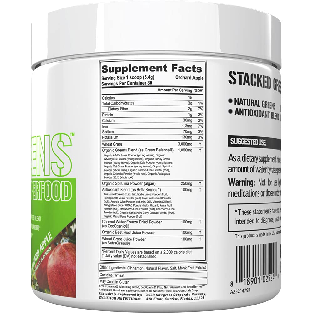 Evlution Stacked Greens powder texture close-up highlighting natural ingredients