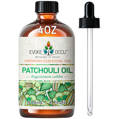Front view of EVOKE OCCU Patchouli Essential Oil 4 oz amber bottle with dropper
