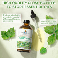Amber glass bottle of Patchouli essential oil with dropper