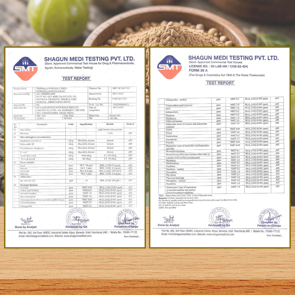 Back label of Exotic Veda Triphala Powder 100g