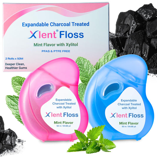 Expandable charcoal dental floss container showing 50 m length