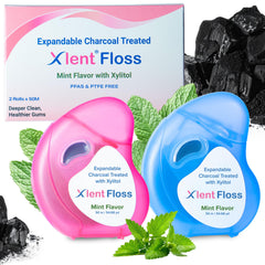 Expandable charcoal dental floss container showing 50 m length