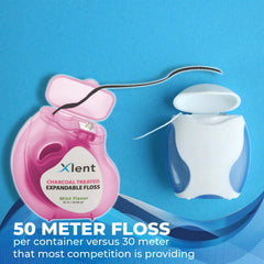 Expandable floss expanding between teeth showing charcoal treatment