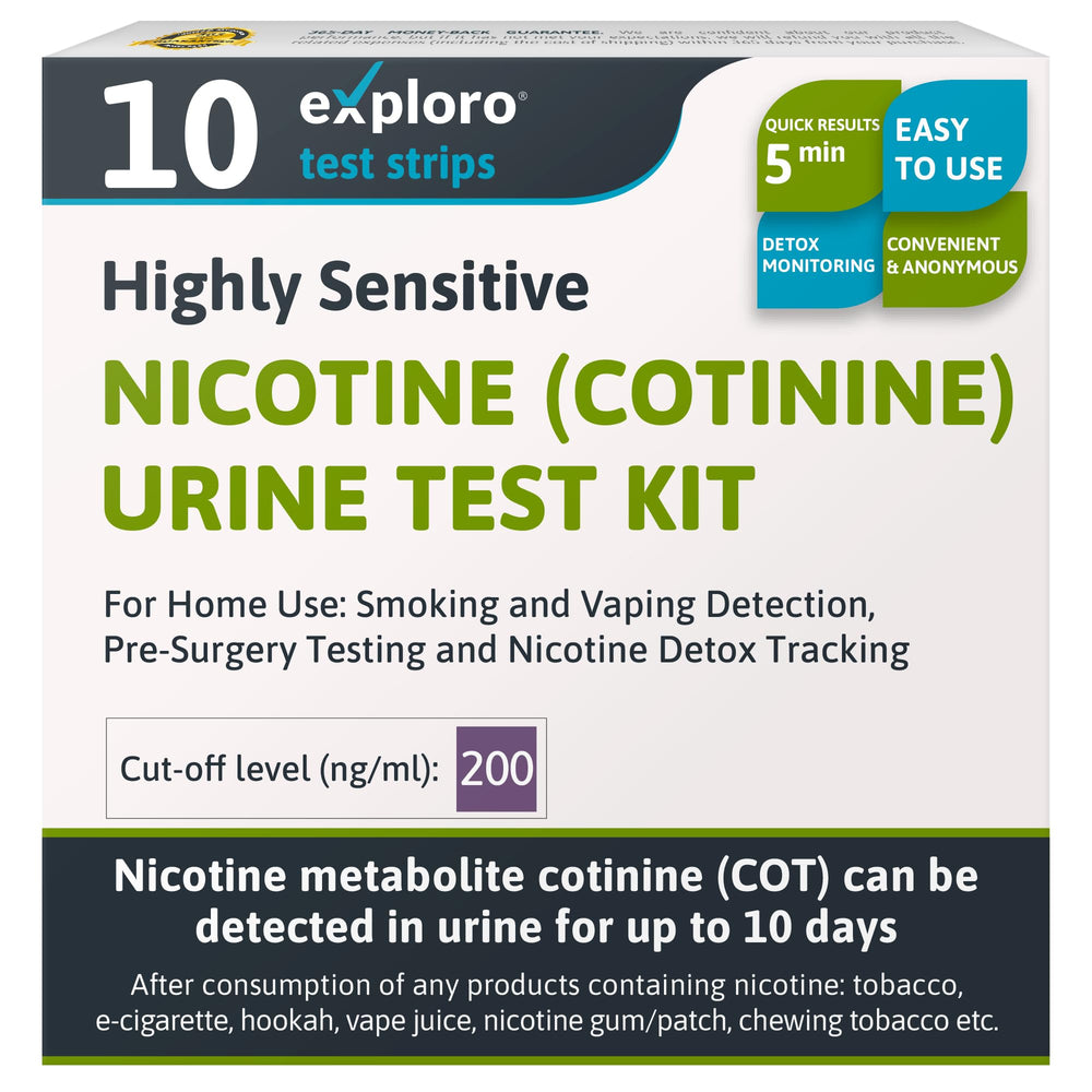 Exploro Nicotine Testing Kit at Home box and instruction manual