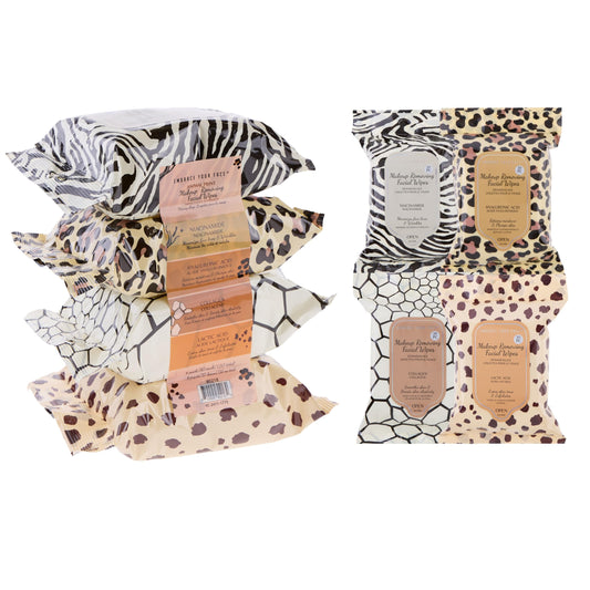 Expressions 4-Pack Makeup Removing Wipes packaging shows four resealable pouches for travel convenience.
