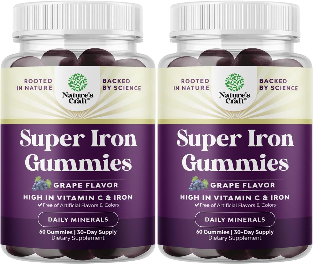 Bottle of Extra Strength Iron Gummies for Adults (60 servings) with Vitamin C