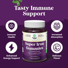 Front packaging of Extra Strength Iron Gummies labeled vegan and gluten-free
