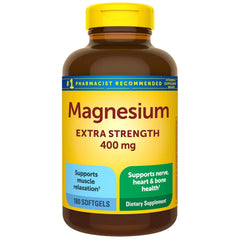 Bottle labeled Extra Strength Magnesium 400mg with 180 softgels