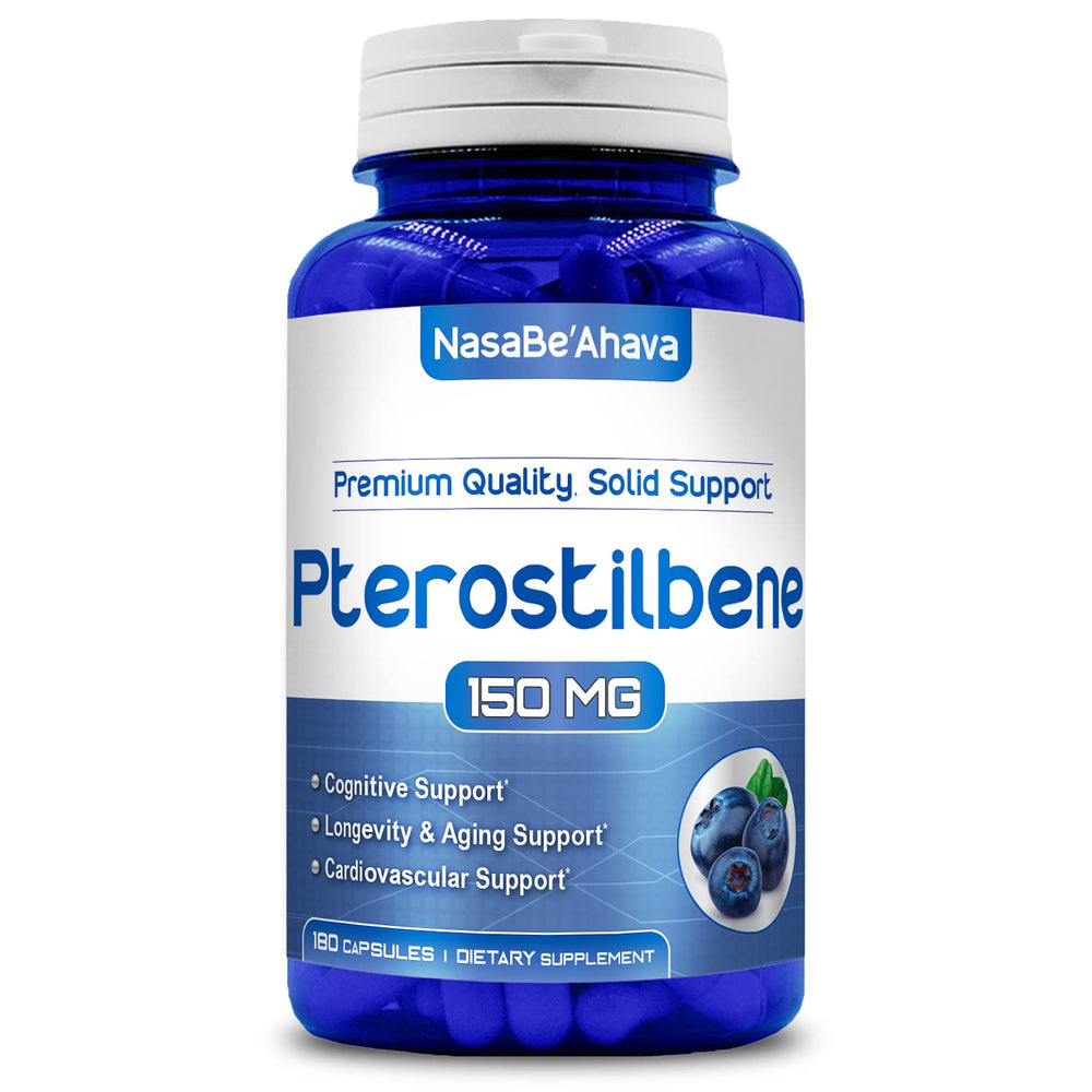 Front view of Extra Strength Pterostilbene 150mg vegan capsules bottle