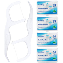 Packaging showing four packs of extra strong dental floss picks