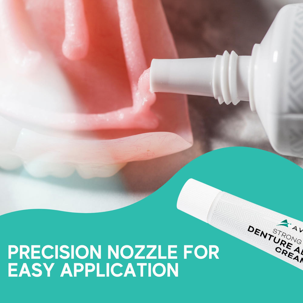 Single 7 oz tube of denture adhesive with mint labeling