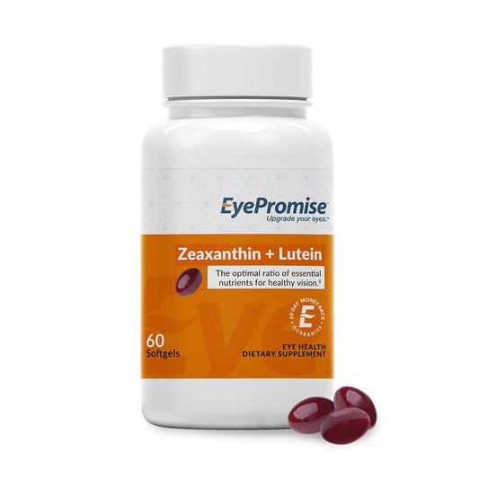 Front view of EyePromise Zeaxanthin + Lutein bottle with label