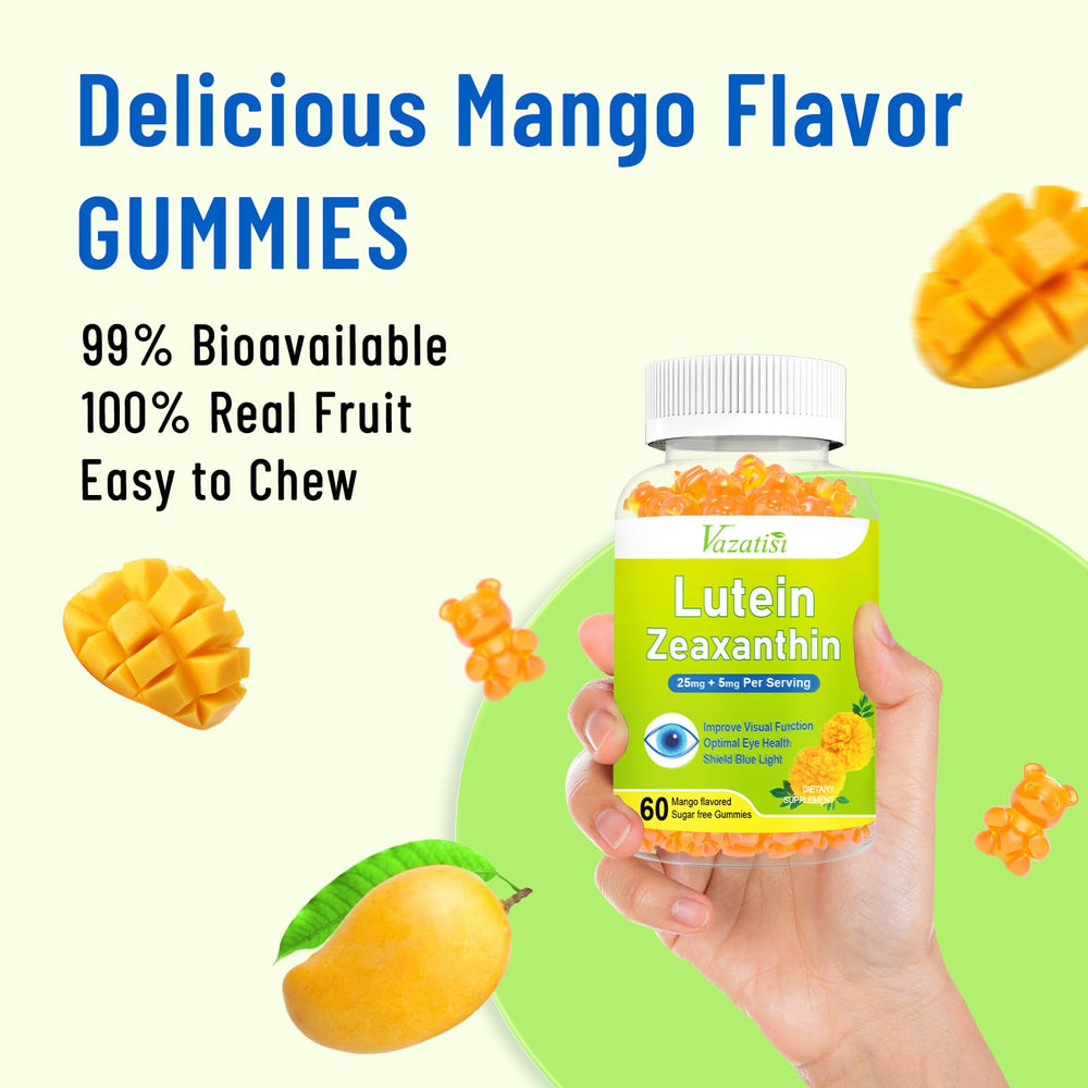 Graphic highlighting ingredients: lutein, zeaxanthin, bilberry, astaxanthin, vitamins