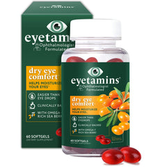 eyetamins Dry Eye Comfort bottle on a clean surface, promoting daily eye hydration.