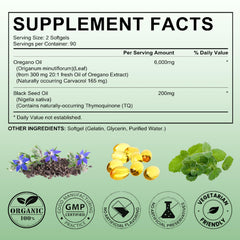 Close-up of oregano oil softgels with 6000 mg oregano per serving