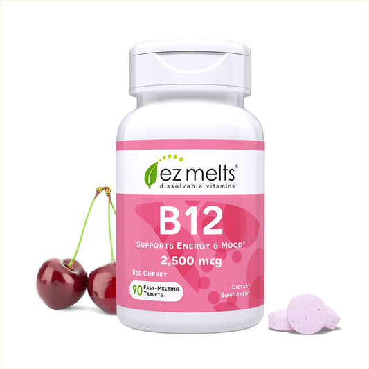 EZ Melts B12 2,500 mcg Red Cherry flavor hero image with 90 tablets