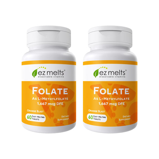 EZ Melts folate bottle label showing 1,667 mcg L-Methylfolate