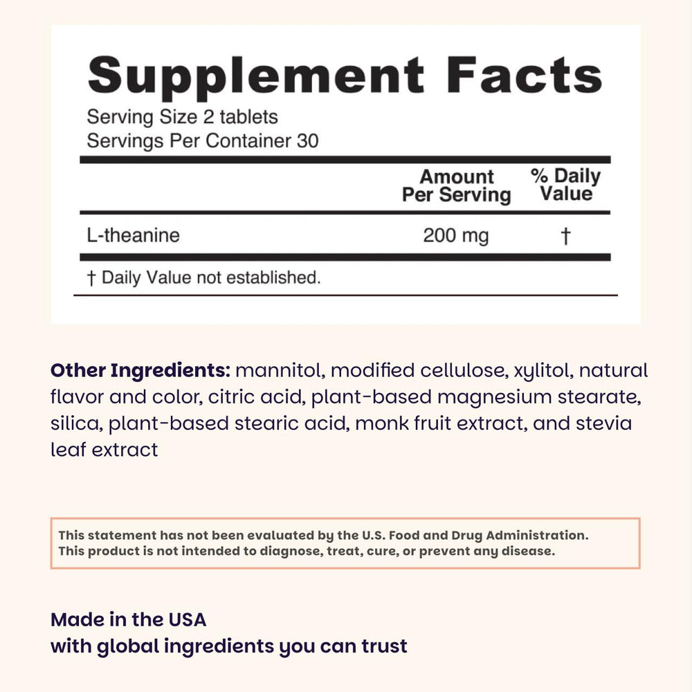 EZ Melts dissolvable L-Theanine 200 mg sugar free label highlights easy use