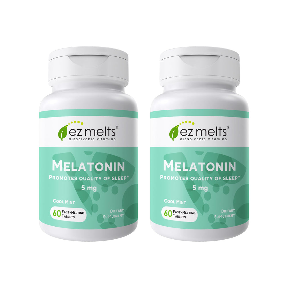 EZ Melts dissolvable melatonin 5 mg cool mint flavor packaging and 2 pack box