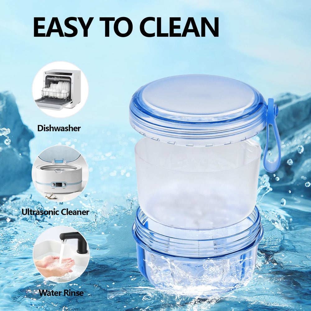 Packaging of transparent blue EZEELAI denture case and accessories