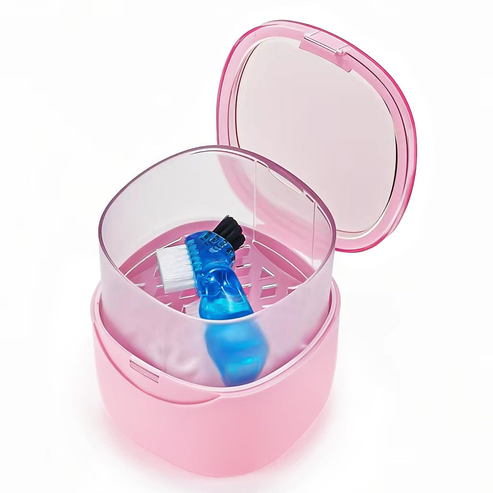 EZEELAI denture case with leak-proof pink design