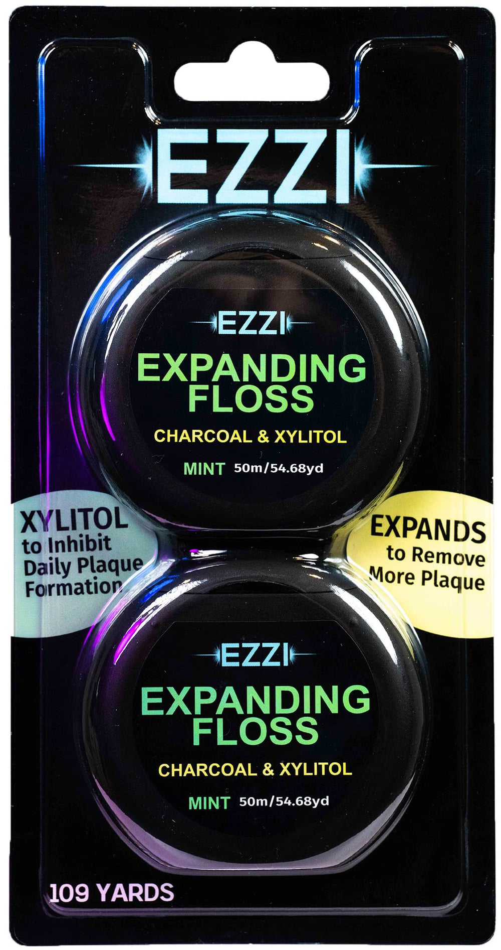 EZZI woven expanding dental floss mint with charcoal and xylitol packaging