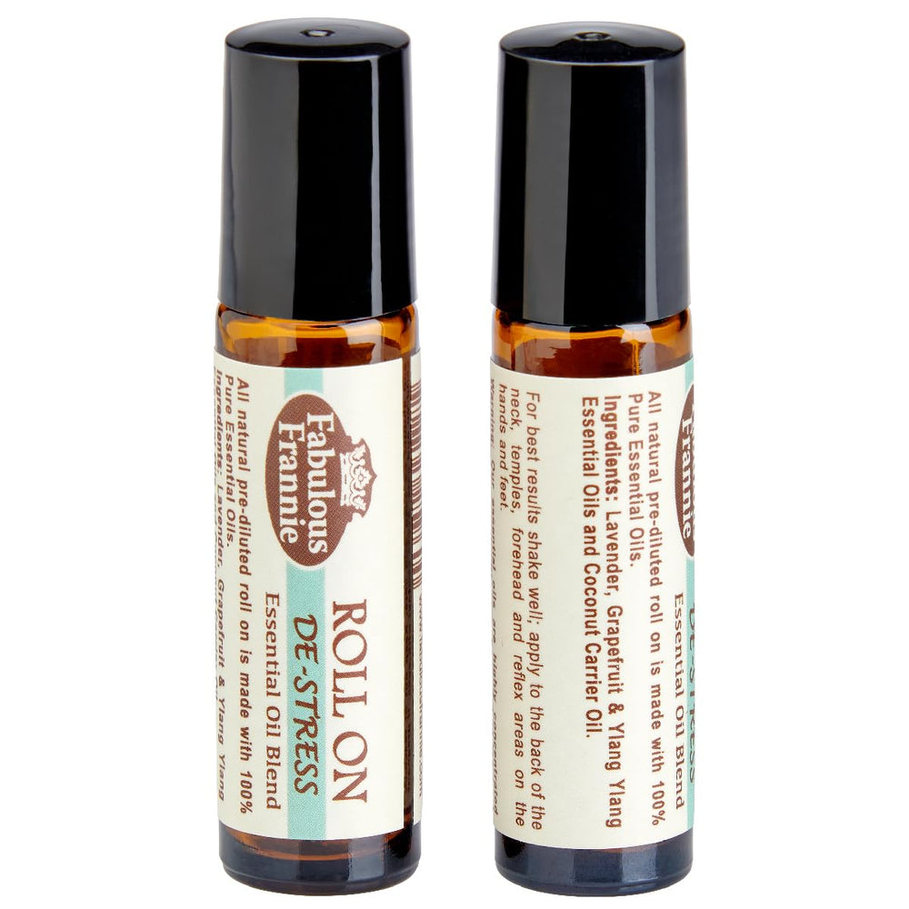 Amber glass roll-on bottle of Fabulous Frannie De-Stress blend with pre-diluted essential oils