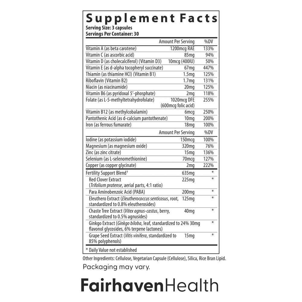 Label detail of FertilAid for Women highlighting Vitex and folate ingredients