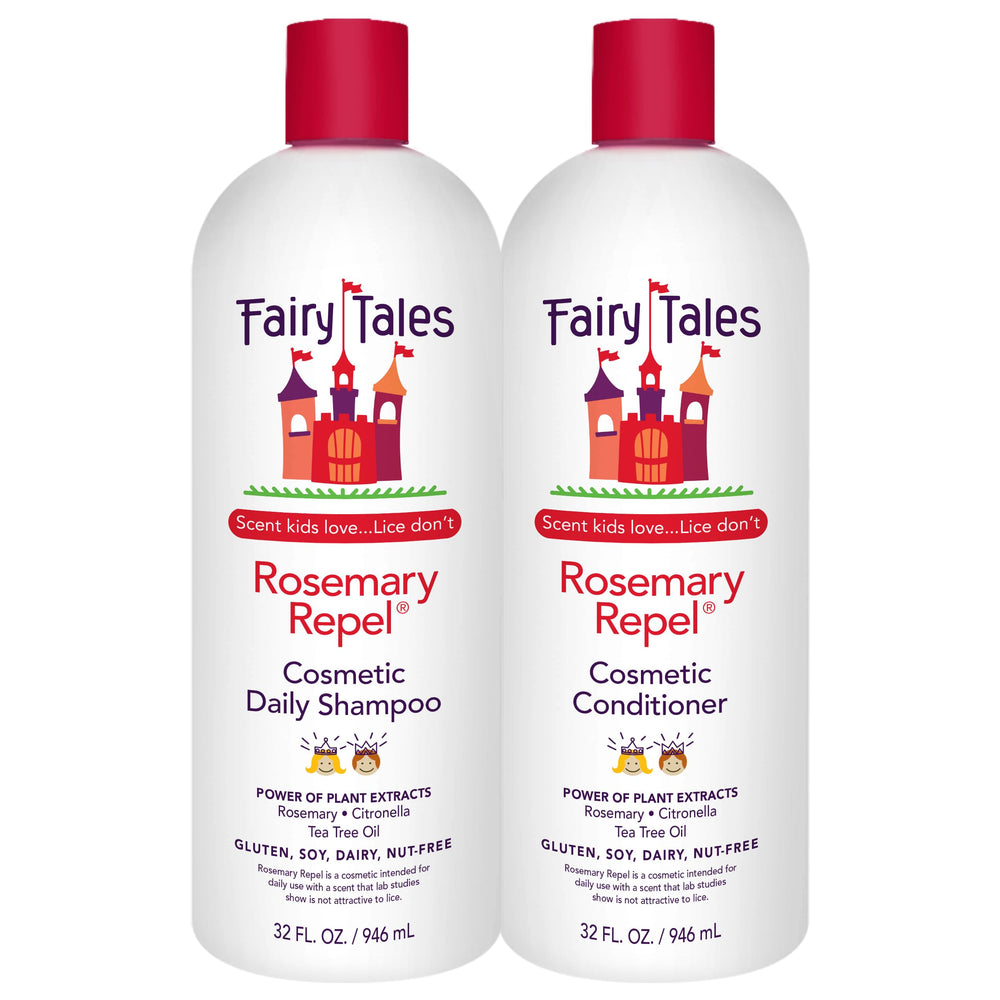 Fairy Tales Rosemary Repel Shampoo pour highlights kid-friendly scent and potential lice deterrence.