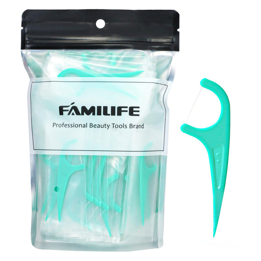 FAMILIFE mint floss picks individually wrapped in clear packaging