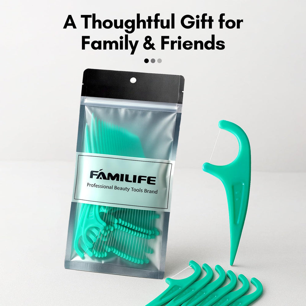 Mint-flavored floss picks close-up showing mint coating
