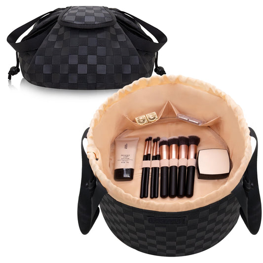 FANGENKE drawstring makeup bag with checkered black design for easy packing
