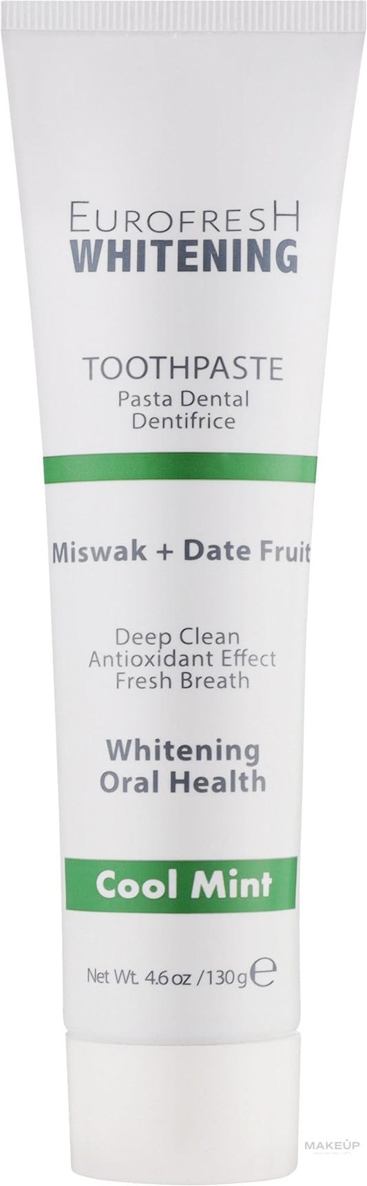 Tube of FARMASi EUROFRESH Whitening Toothpaste with Miswak and Date Fruit