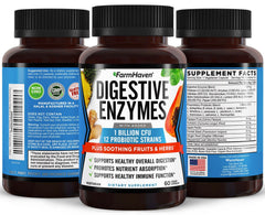Close-up of FarmHaven Digestive Enzymes label showing 18 probiotics and enzymes