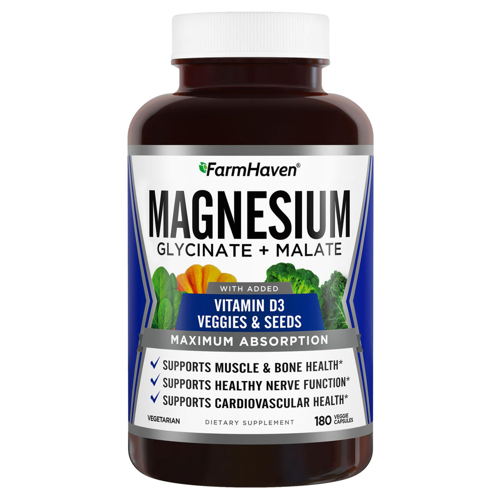 FarmHaven Magnesium Glycinate & Malate Complex with Vitamin D3 bottle - 180 capsules