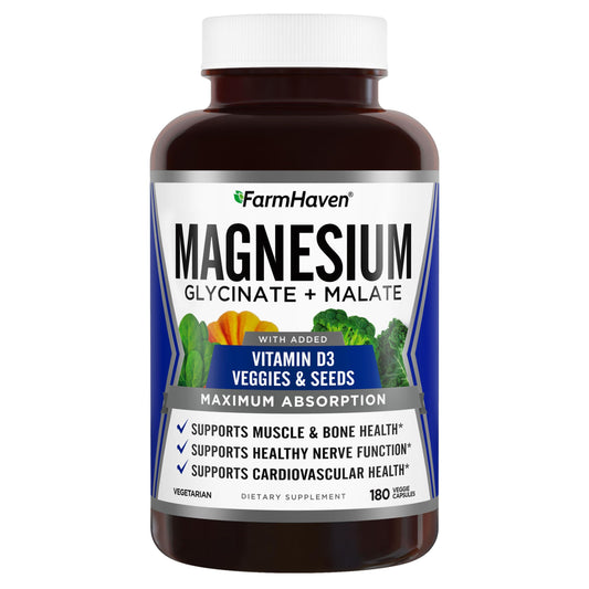 FarmHaven Magnesium Glycinate & Malate Complex with Vitamin D3 bottle - 180 capsules