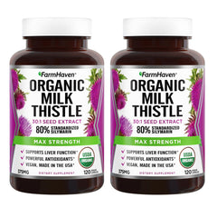 FarmHaven Milk Thistle capsules pour from bottle for daily use.