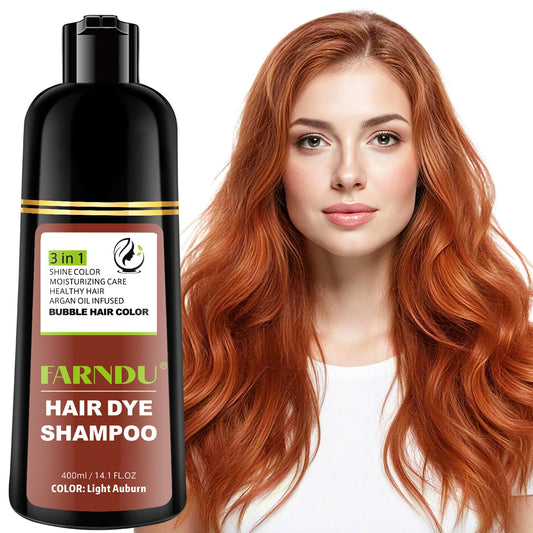 Farndu Light Auburn Hair Dye Shampoo bottle for easy at-home color