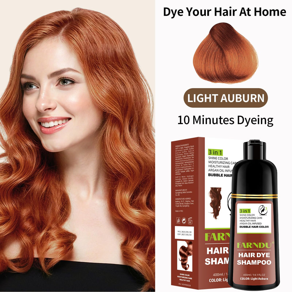 Farndu Light Auburn pour of shampoo showing quick 10-15 minute color