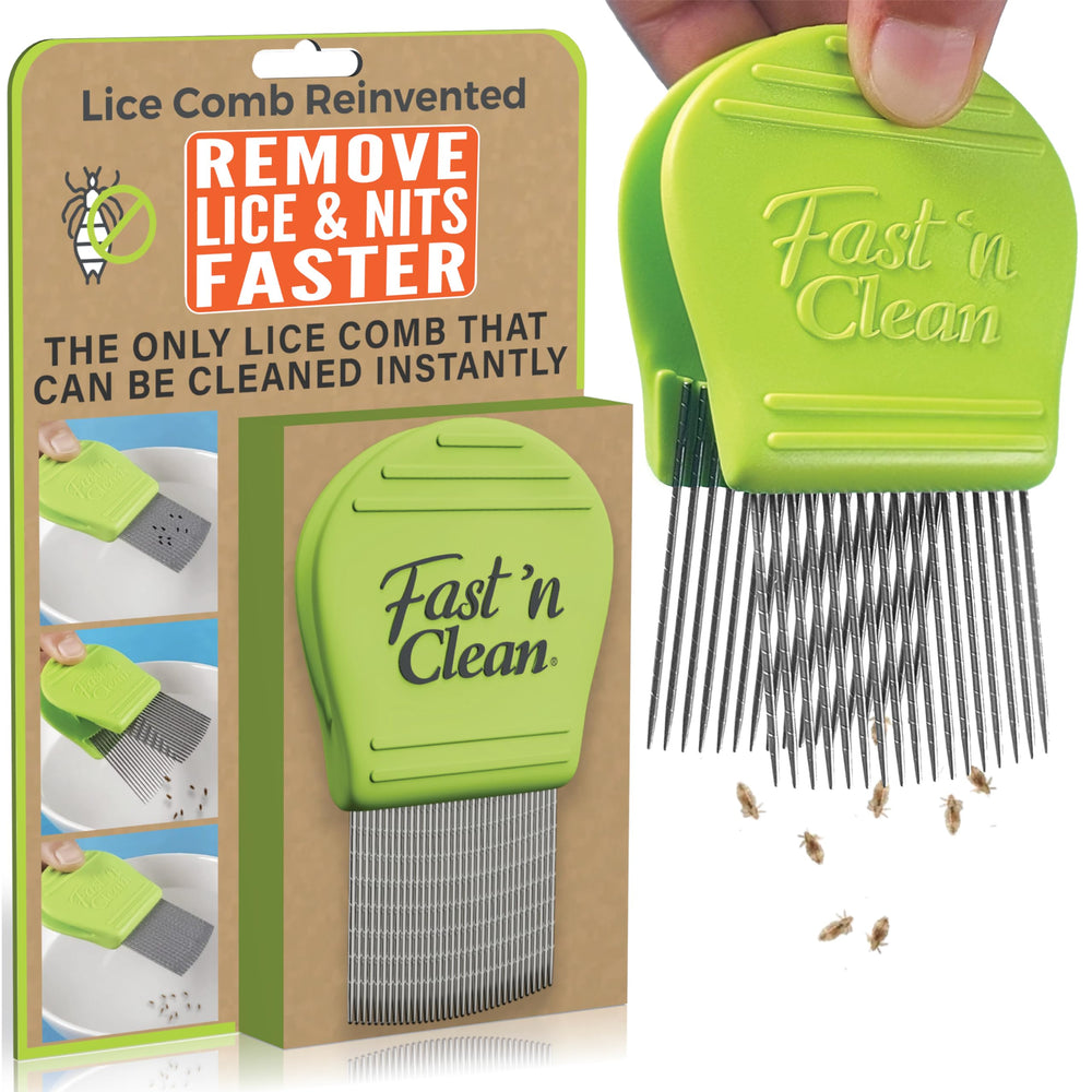Fast 'n Clean Lice Comb action closeup shows quick lice removal.