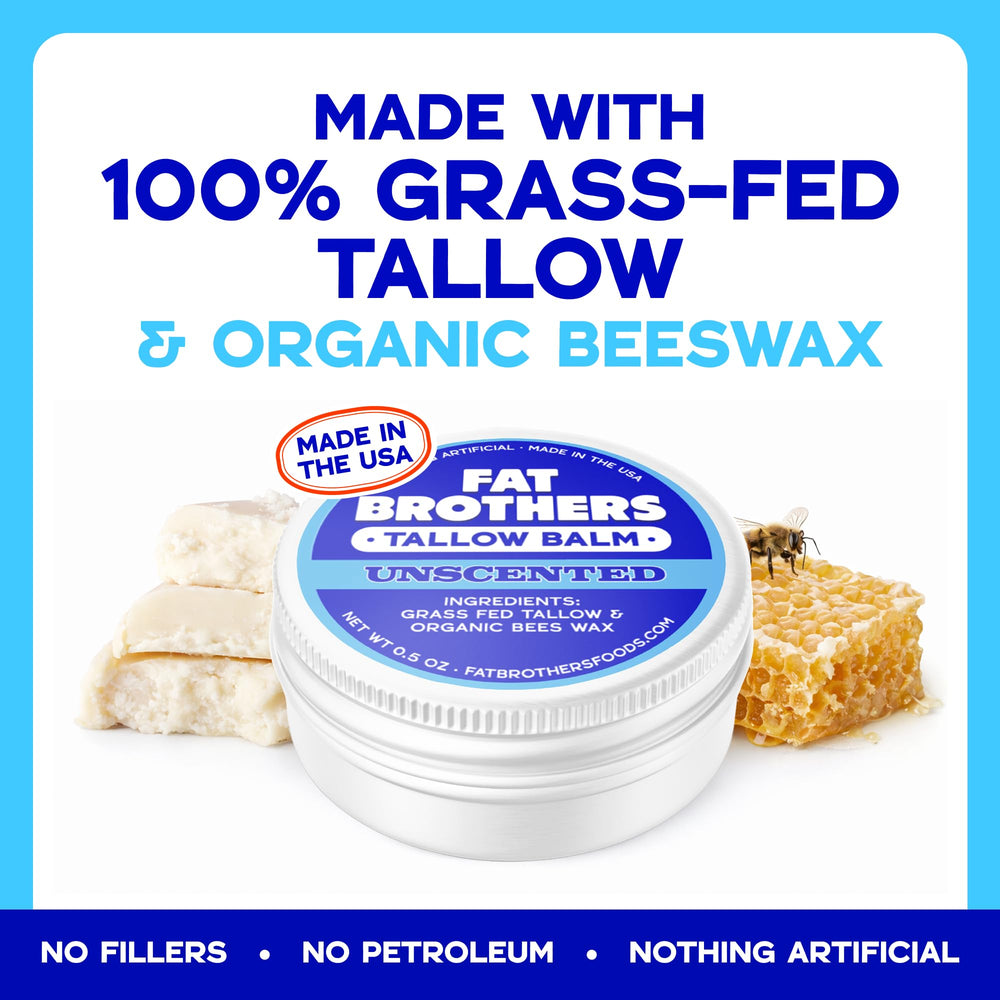 Fat Brothers Tallow Balm metal tin close-up emphasizes reusable packaging for sustainable lip care.