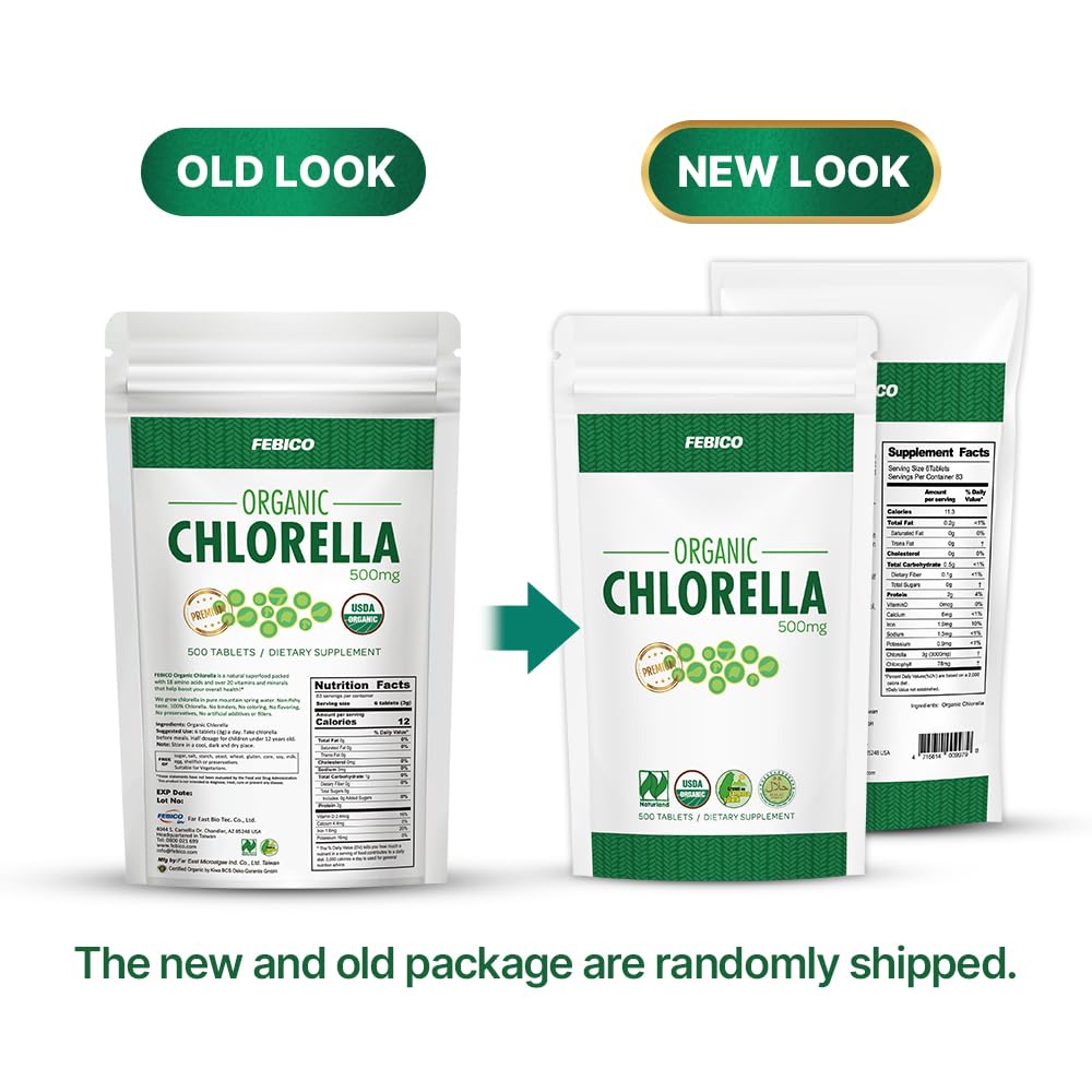 Close-up of chlorella tablets 500mg serving