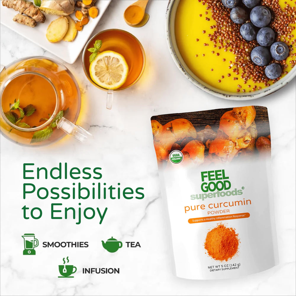 Spoon-dispensing FEEL GOOD Curcumin Powder over a bowl for soups
