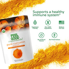 Dried turmeric roots with FEEL GOOD Curcumin Powder show natural origin