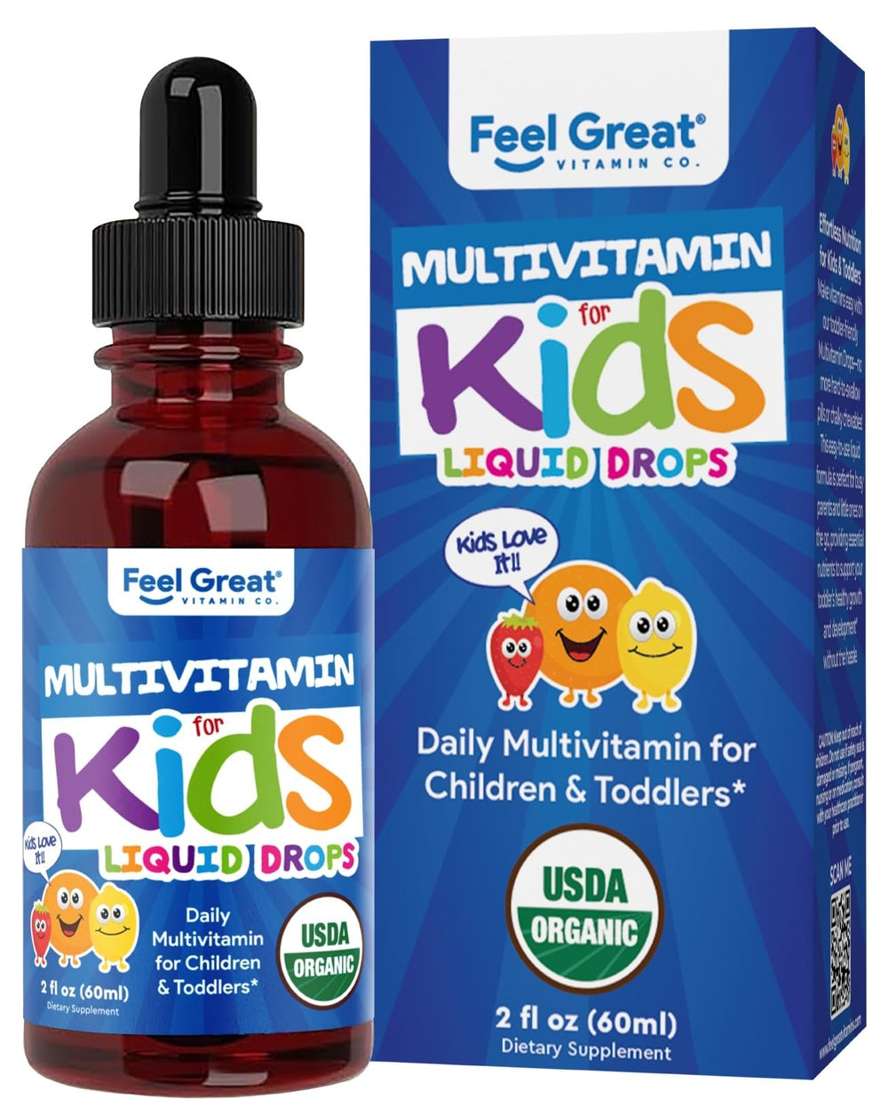 Front view of Feel Great Vitamins Organic Multivitamin Liquid Drops bottle for toddlers