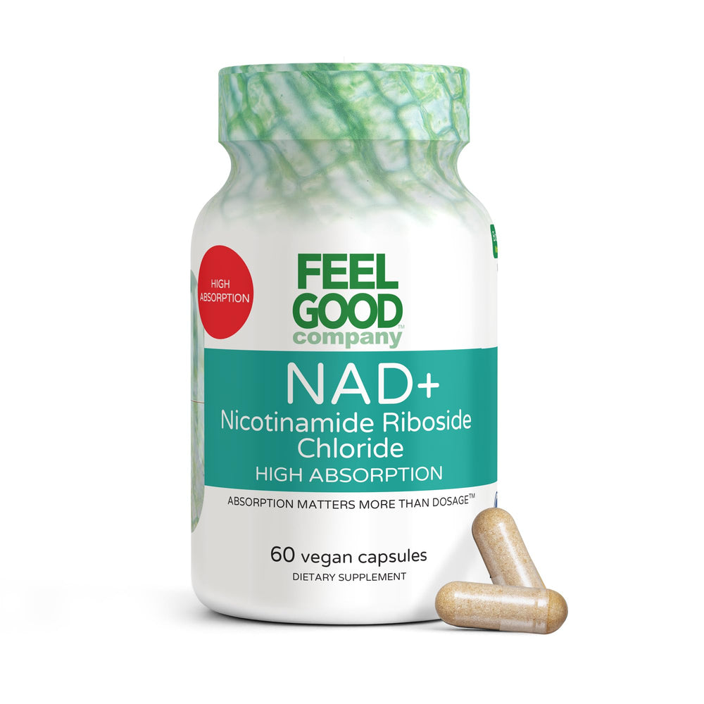 Front view of FeelGood NAD+ Nicotinamide Riboside Chloride supplement bottle with white label.