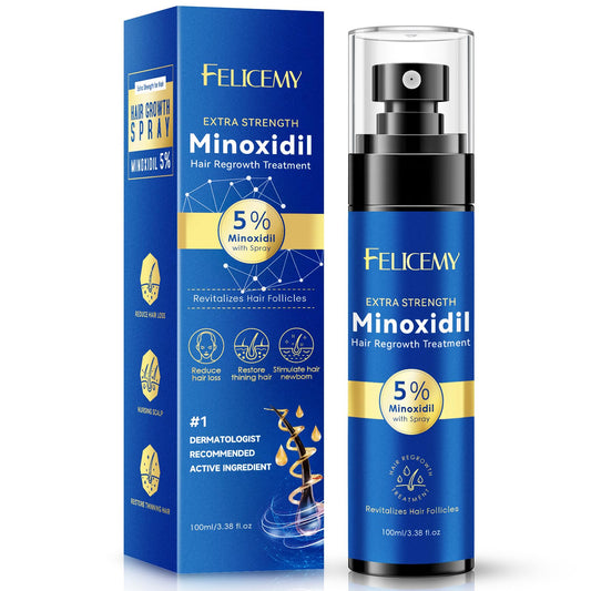 Felicemy 5% Minoxidil spray bottle providing even distribution on the scalp for follicles